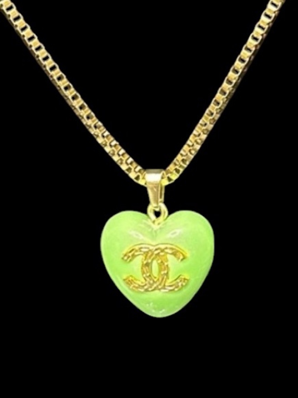 CC Gold Chain Necklace with Lime Green Heart Pendant(stamped) - Picture 2 of 8